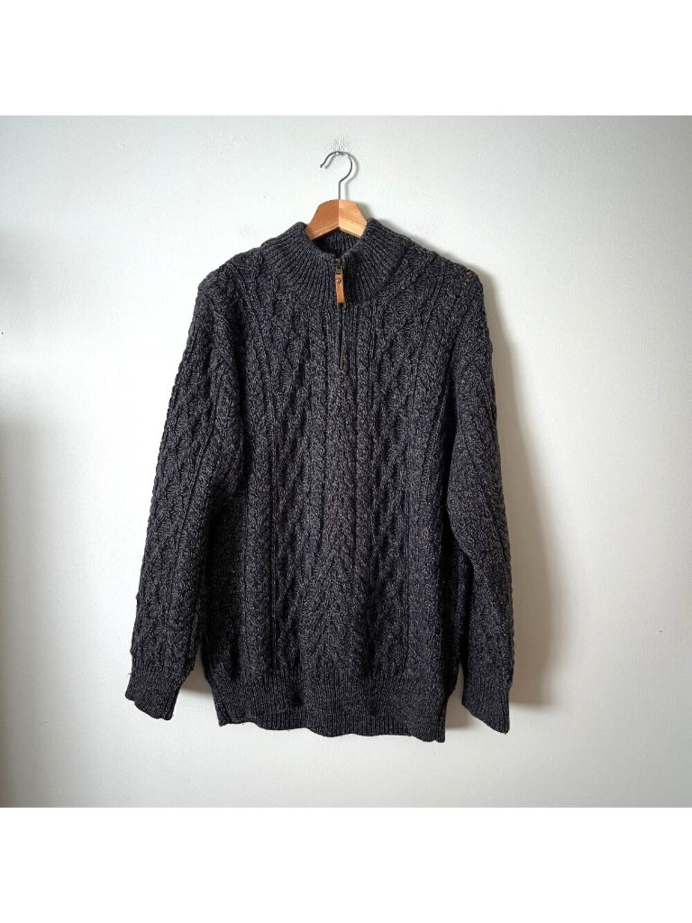 Aran Crafts Dark Blue Merino Wool 1/4 Zip Cableknit Sweater Ireland Men's XL